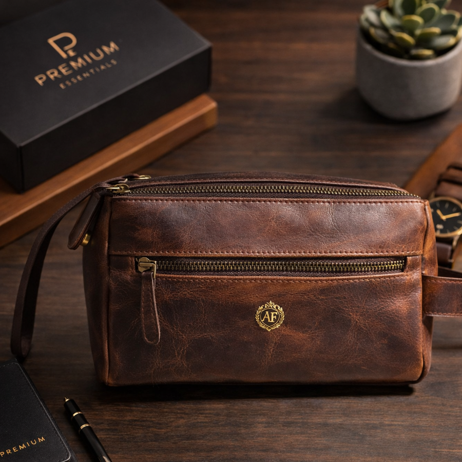 Personalized Leather Toiletry Bag – Handmade Full-Grain Travel Dopp Kit for Men | Premium Grooming Organizer