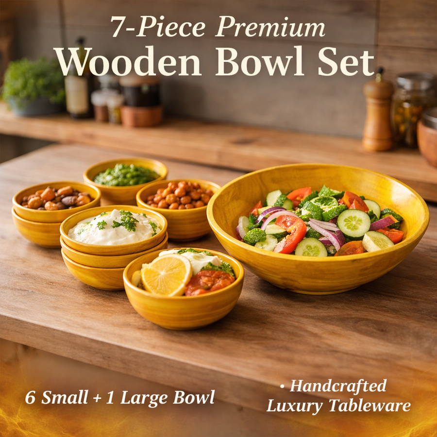 Premium Handcrafted Wooden Bowl Set – 7 Pieces – Yellow Finish