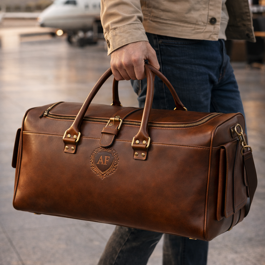 Handmade Full Grain Leather Duffle Bag: Engraved Retro Weekender Hold all