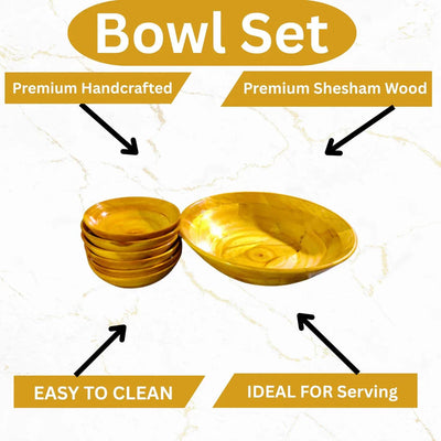 Premium Handcrafted Wooden Bowl Set – 7 Pieces – Yellow Finish