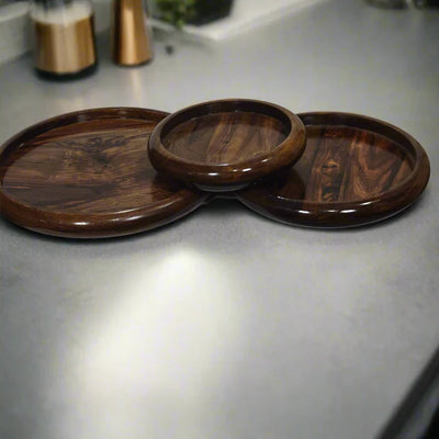 Handmade Sheesham Wood Plate Set (3 Sizes) – Premium Dining Collection